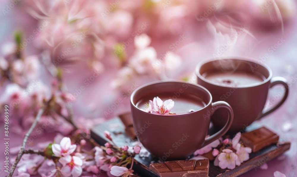A romantic scene featuring two cups of hot chocolate served with elegance and artistic flair A romantic scene featuring two cups of hot chocolate served with elegance and artistic flair