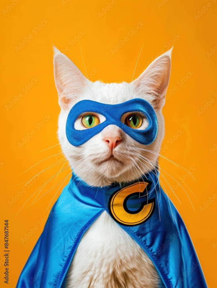 Cat dressed as superhero standing upright Cat dressed as superhero standing upright