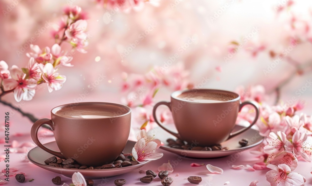 A romantic scene featuring two cups of hot chocolate served with elegance and artistic flair A romantic scene featuring two cups of hot chocolate served with elegance and artistic flair