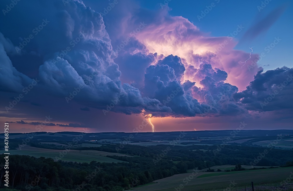 Thunderstorm with dark clouds and lightning over a rural landscape. Thunderstorm and natural disaster concept. Image for weather forecast and climate change awareness. Banner with copy space. Thunderstorm with dark clouds and lightning over a rural landscape. Thunderstorm and natural disaster concept. Image for weather forecast and climate change awareness. Banner with copy space.