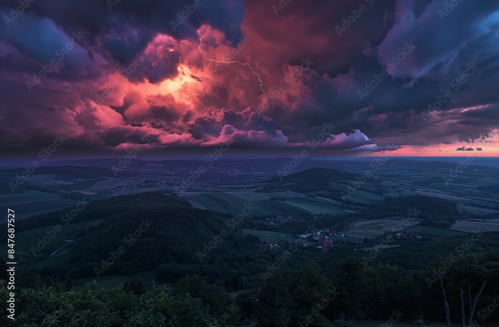 Thunderstorm with dark clouds and lightning over a rural landscape. Thunderstorm and natural disaster concept. Image for weather forecast and climate change awareness. Banner with copy space. Thunderstorm with dark clouds and lightning over a rural landscape. Thunderstorm and natural disaster concept. Image for weather forecast and climate change awareness. Banner with copy space.