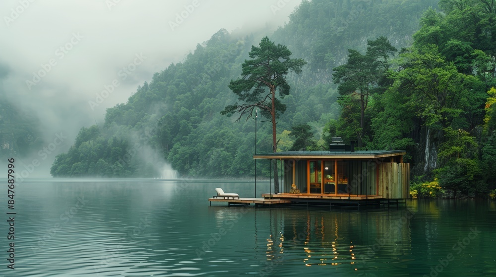 A small house floating on a lake with trees in the background, AI