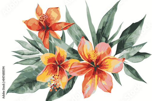 tropical flowers watercolor painting, isolated on white background, minimalism.