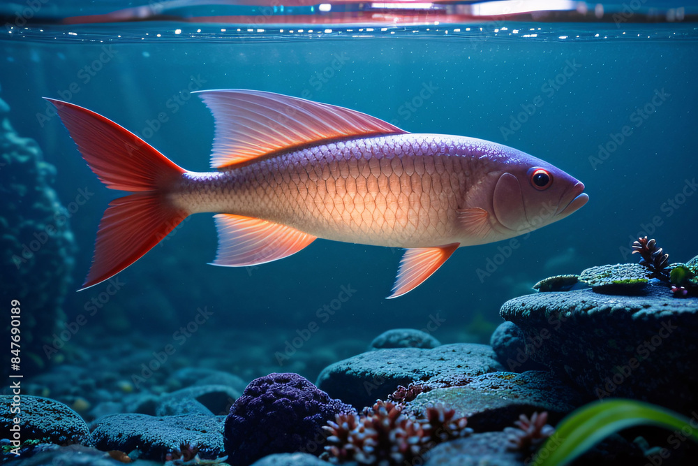 Naklejka premium A cartoon goldfish swims in a blue glass aquarium filled with water