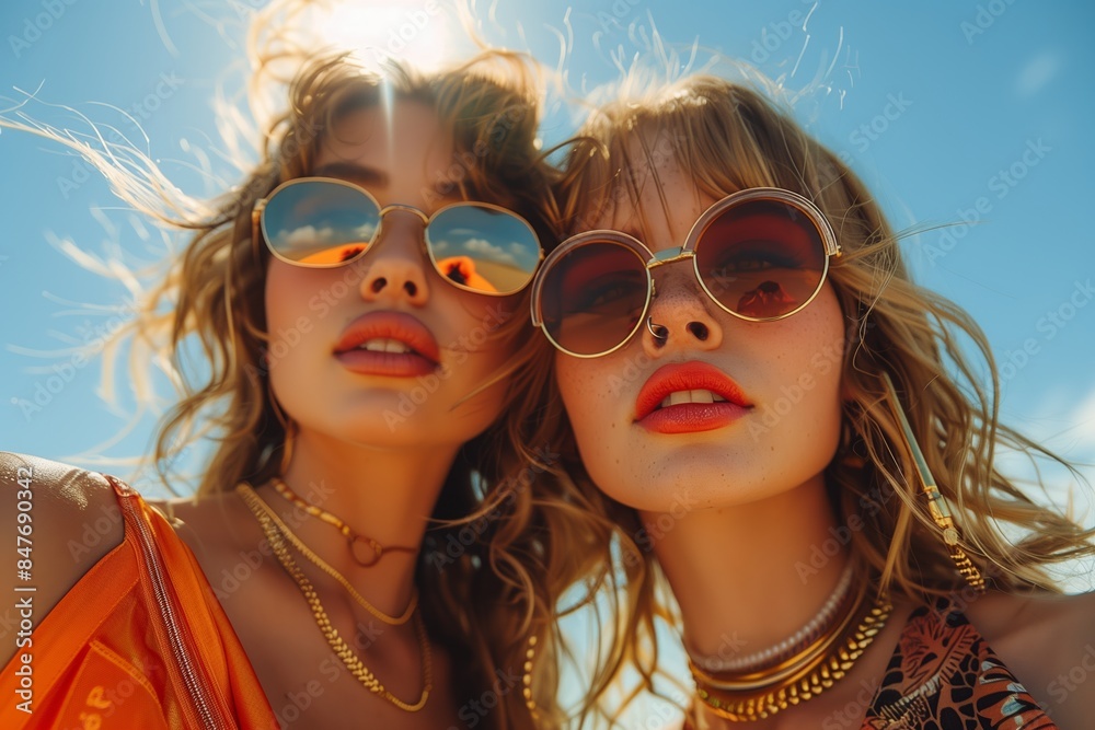 Fashion Models Pose against Sunny Sky Background for Photoshoot Fashion Models Pose against Sunny Sky Background for Photoshoot