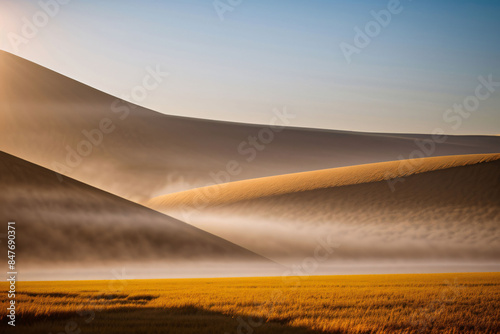 Fototapeta Naklejka Na Ścianę i Meble -  A vast landscape of golden wheat sways in the summer breeze, stretching towards a vibrant desert sunset
