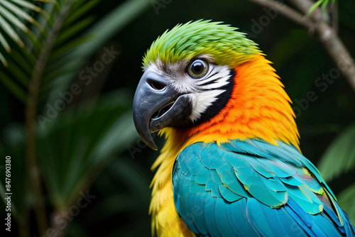 A vibrantly colored blue-and-yellow macaw parrot with a green beak, native to tropical South America