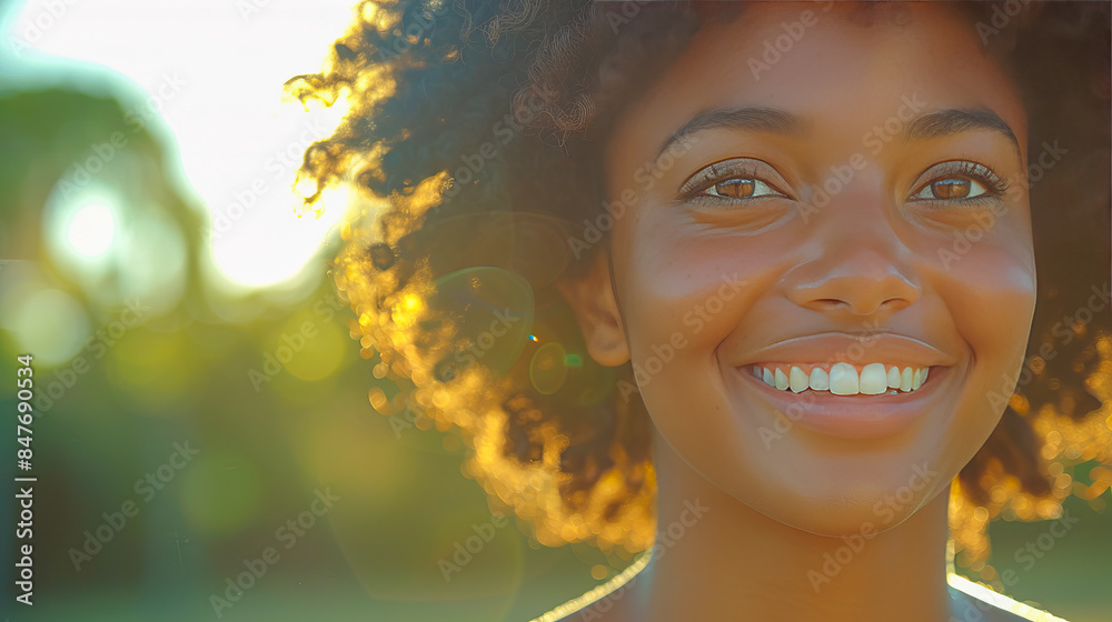 Young woman is smiling with a green background in a sunny day