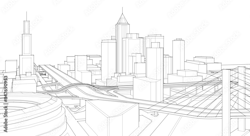 modern city architectural landscape sketch 3d illustration