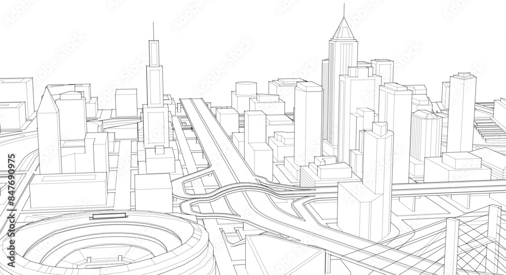 Obraz premium modern city architectural landscape sketch 3d illustration