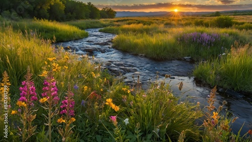 wildlife graphic teeming with life On the ground, surrounded by a tapestry of colorful wildflowers and tall grasses. In the background a crystal-clear stream winds its way through the scene