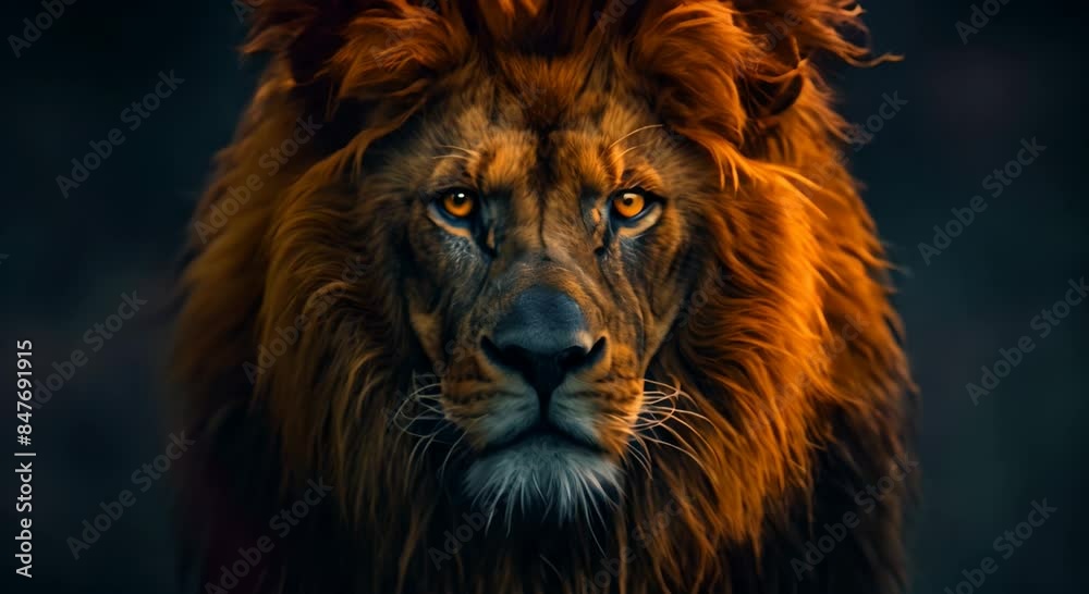 Lion's face in a dark black background, lion's face is angry. Proud lion. Lion's face in a dark black background, lion's face is angry. Proud lion.
