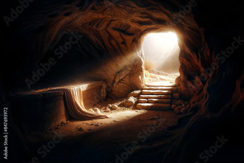 The empty tomb, with the stone rolled back - Easter story - Jesus Tomb Picture