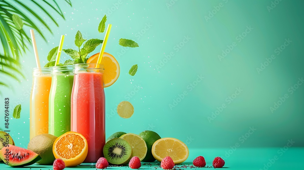 Fototapeta premium Fresh fruit deffrent smoothies green and aqua background
