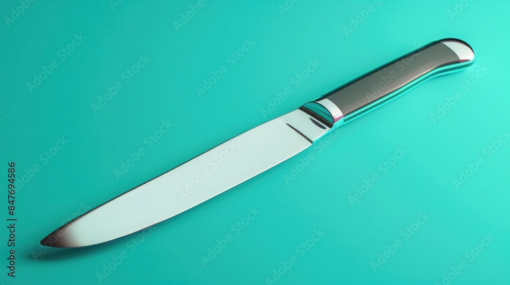 Obraz premium Digital illustration of a sleek stainless steel knife with a vibrant teal backdrop