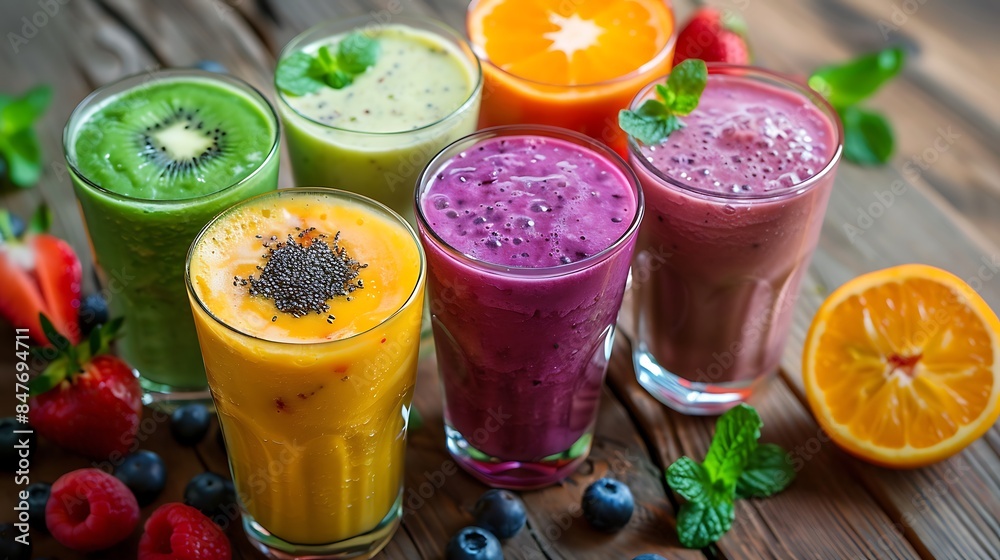 Freshly blended fruit smoothies of various colors and tastes Freshly blended fruit smoothies of various colors and tastes