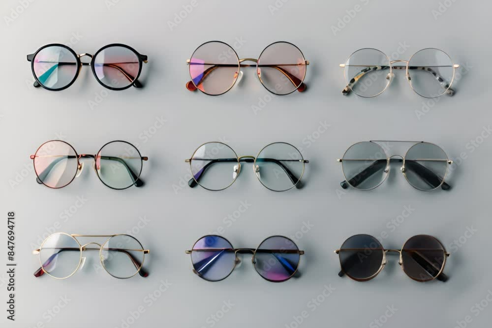 Many glasses on light grey background, different eyewear, stylish eyeglasses set flat lay, ophthalmology concept, trendy oculars, generative ai illustration Many glasses on light grey background, different eyewear, stylish eyeglasses set flat lay, ophthalmology concept, trendy oculars, generative ai illustration