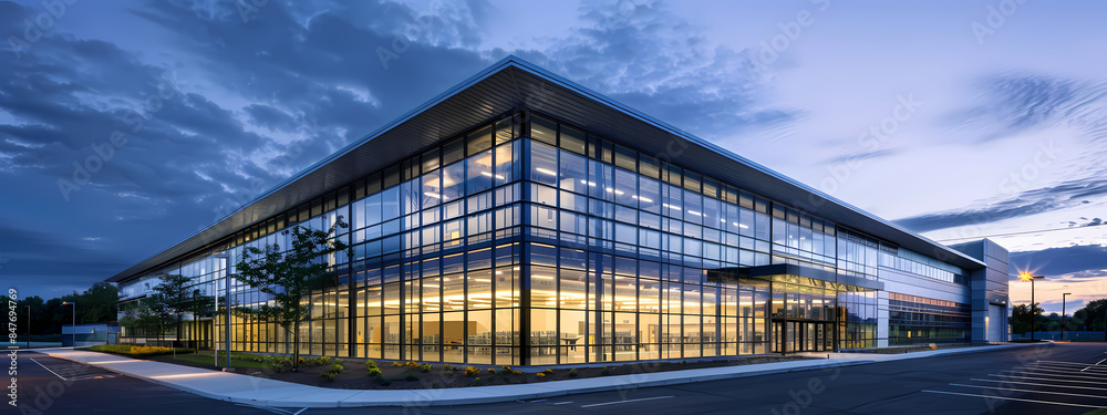 Fototapeta premium Modern Industrial Building with Evening Glow