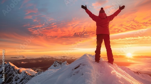 Person standing triumphantly on the summit of a snow-capped mountain at sunrise, arms raised in victory, with a panoramic view and a vibrant sky, bucket list lifestyle concept