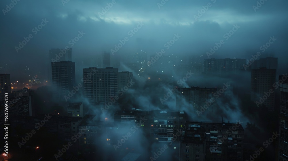 Fototapeta premium Aerial view of a cityscape shrouded in fog and illuminated by streetlights at dusk, creating a mysterious and atmospheric urban scene.