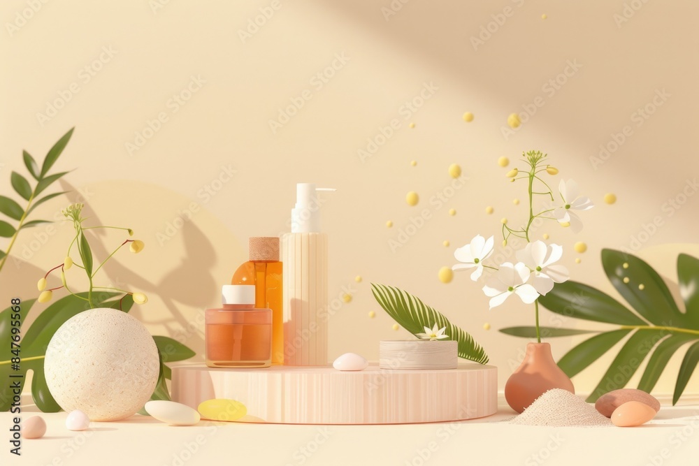 Minimalist Skincare Cosmetics Display with Natural Elements for Beauty and Spa Branding Minimalist Skincare Cosmetics Display with Natural Elements for Beauty and Spa Branding
