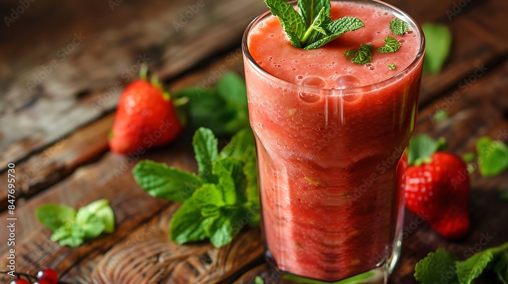Fruit smoothie with mint leaves on wooden rustik table Fruit smoothie with mint leaves on wooden rustik table