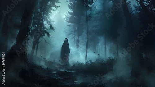 Solitary Wanderer in Mysterious Fog Shrouded Forest Landscape