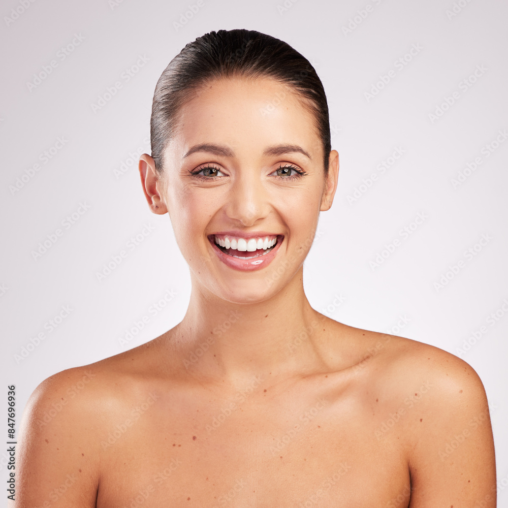 Skincare, portrait and happy woman in studio with glow or shine for wellness, health and cosmetics. Smile, model girl and pride for dermatology, beauty and results for collagen by white background Skincare, portrait and happy woman in studio with glow or shine for wellness, health and cosmetics. Smile, model girl and pride for dermatology, beauty and results for collagen by white background