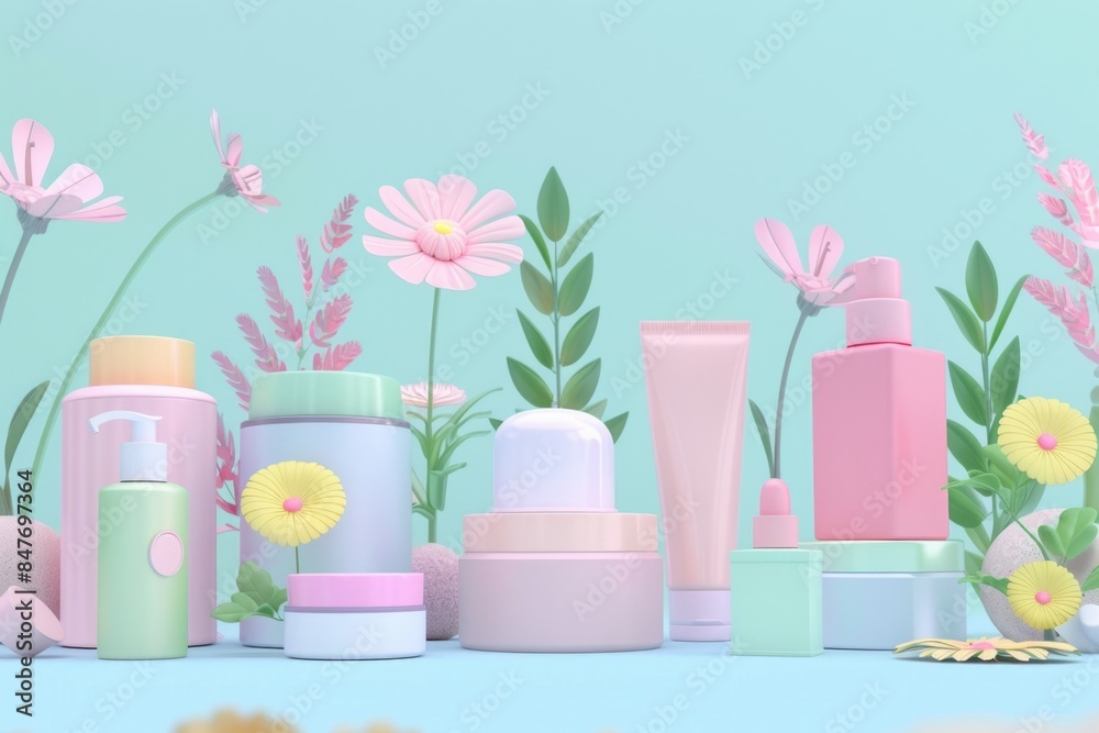 Charming 3D Cartoon Illustration of Cosmetic Products with Floral Elements – Perfect for Beauty and Wellness Design Charming 3D Cartoon Illustration of Cosmetic Products with Floral Elements – Perfect for Beauty and Wellness Design