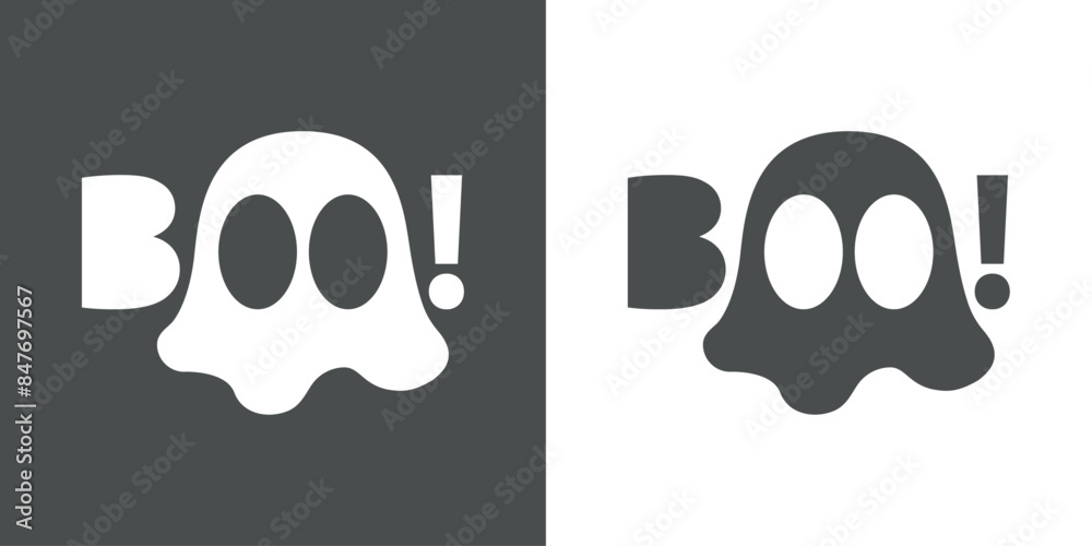 Logo con fantasma para invitaciones y tarjetas de Halloween. Silueta de fantasma con palabra Boo con ojos en lugar de letra O Logo con fantasma para invitaciones y tarjetas de Halloween. Silueta de fantasma con palabra Boo con ojos en lugar de letra O
