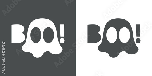 Logo con fantasma para invitaciones y tarjetas de Halloween. Silueta de fantasma con palabra Boo con ojos en lugar de letra O