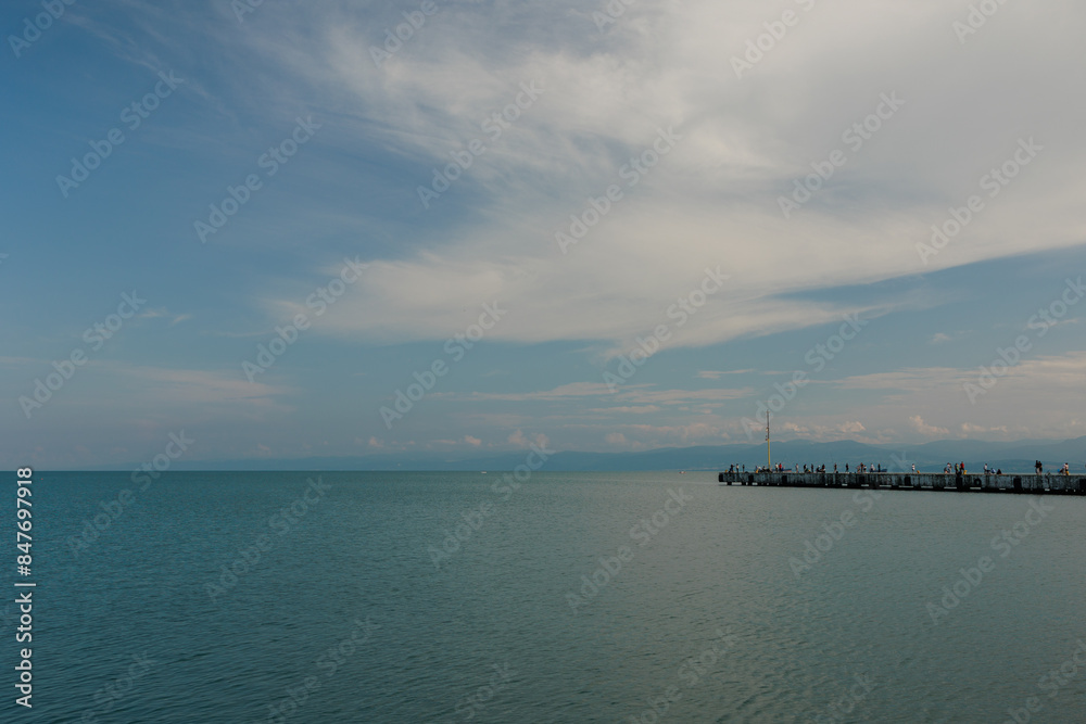 Blue seascape overlooking the coast. View of the Bosphorus in Istanbul city on sunny summer day, in a public place. Blue seascape overlooking the coast. View of the Bosphorus in Istanbul city on sunny summer day, in a public place.