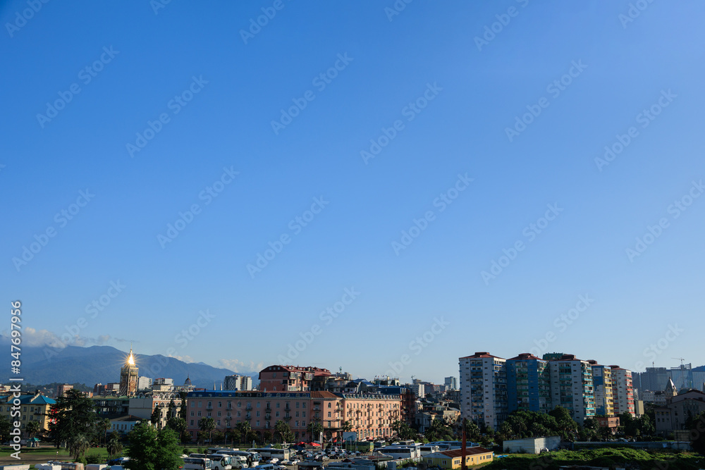 Fototapeta premium Blue seascape overlooking the coast. View of the Bosphorus in Istanbul city on sunny summer day, in a public place.
