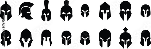 Spartan helmet icons Set in Fill styles use for safety Greek gladiator designs elements emblem create for logos, symbols. Vectors for apps and website isolated on transparent background. Trojan signs.