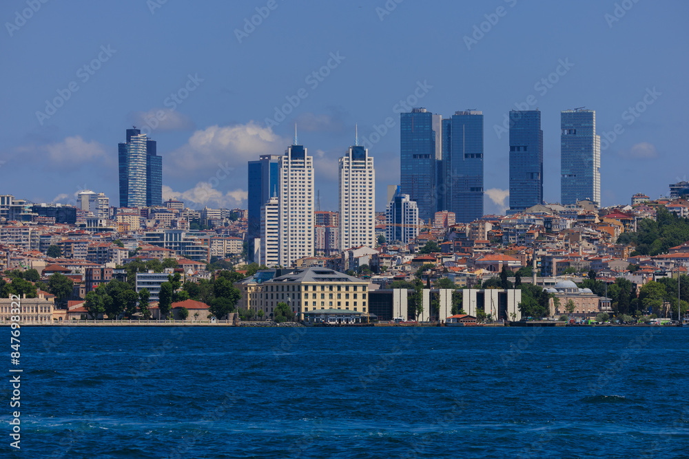 Blue seascape overlooking the coast. View of the Bosphorus in Istanbul city on sunny summer day, in a public place. Blue seascape overlooking the coast. View of the Bosphorus in Istanbul city on sunny summer day, in a public place.