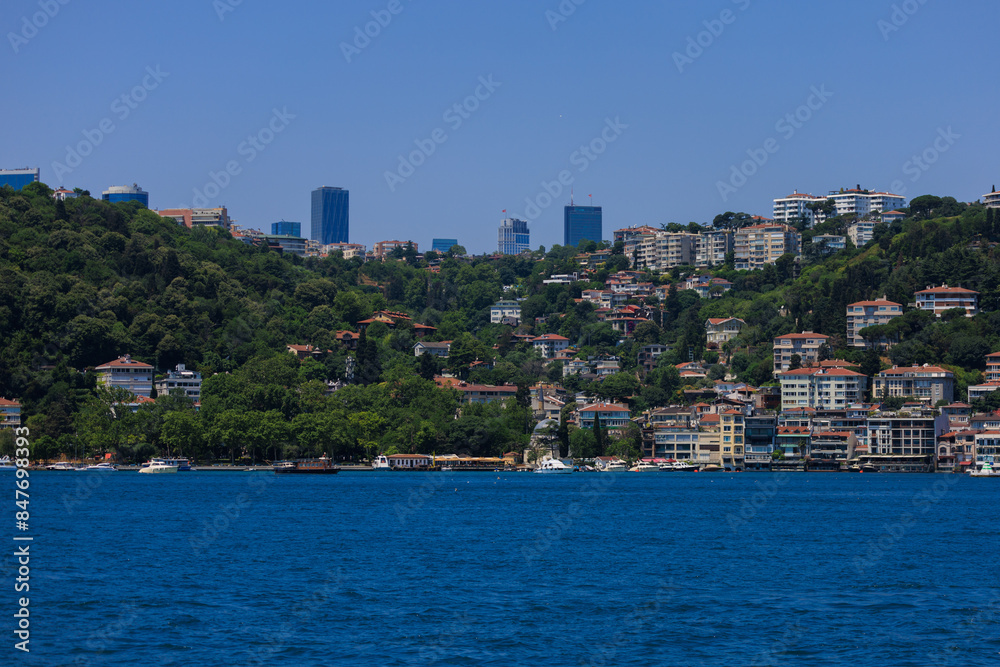 Blue seascape overlooking the coast. View of the Bosphorus in Istanbul city on sunny summer day, in a public place. Blue seascape overlooking the coast. View of the Bosphorus in Istanbul city on sunny summer day, in a public place.