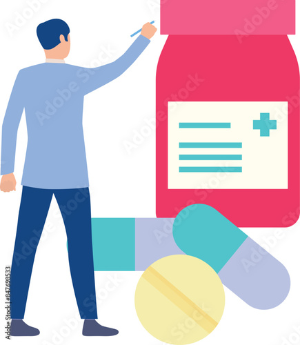 The boy is pointing to the nutrition pills.