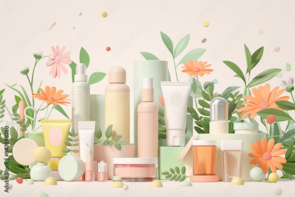 Whimsical 3D Illustration of Skincare and Cosmetic Products Amidst Floral Elements for Health and Beauty Campaigns Whimsical 3D Illustration of Skincare and Cosmetic Products Amidst Floral Elements for Health and Beauty Campaigns