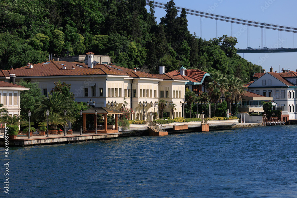 Blue seascape overlooking the coast. View of the Bosphorus in Istanbul city on sunny summer day, in a public place. Blue seascape overlooking the coast. View of the Bosphorus in Istanbul city on sunny summer day, in a public place.