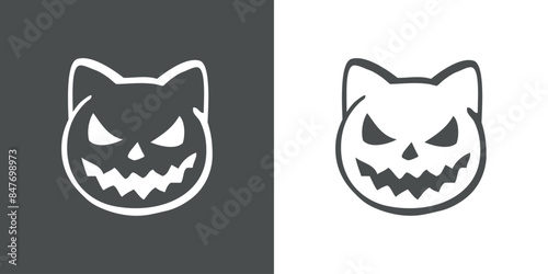 Logo con cabeza de gato para invitaciones y tarjetas de Halloween. Silueta de cabeza de gato con líneas con sonrisa de calabaza de Halloween