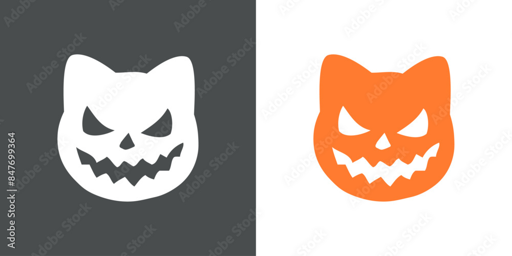Logo con cabeza de gato para invitaciones y tarjetas de Halloween. Silueta de cabeza de gato con sonrisa de calabaza de Halloween Logo con cabeza de gato para invitaciones y tarjetas de Halloween. Silueta de cabeza de gato con sonrisa de calabaza de Halloween