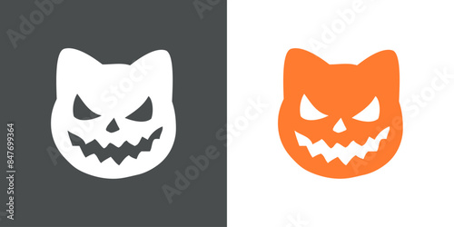 Logo con cabeza de gato para invitaciones y tarjetas de Halloween. Silueta de cabeza de gato con sonrisa de calabaza de Halloween