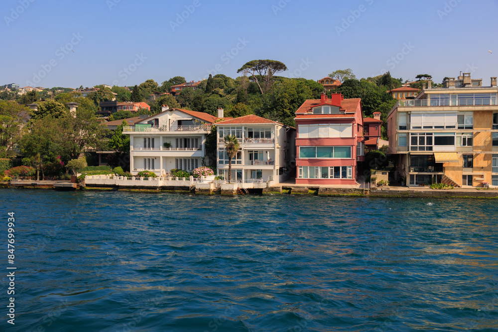 Blue seascape overlooking the coast. View of the Bosphorus in Istanbul city on sunny summer day, in a public place. Blue seascape overlooking the coast. View of the Bosphorus in Istanbul city on sunny summer day, in a public place.