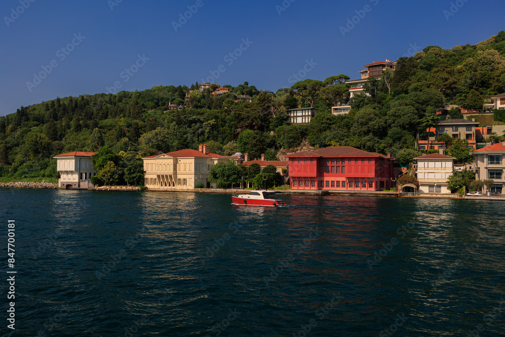 Blue seascape overlooking the coast. View of the Bosphorus in Istanbul city on sunny summer day, in a public place. Blue seascape overlooking the coast. View of the Bosphorus in Istanbul city on sunny summer day, in a public place.