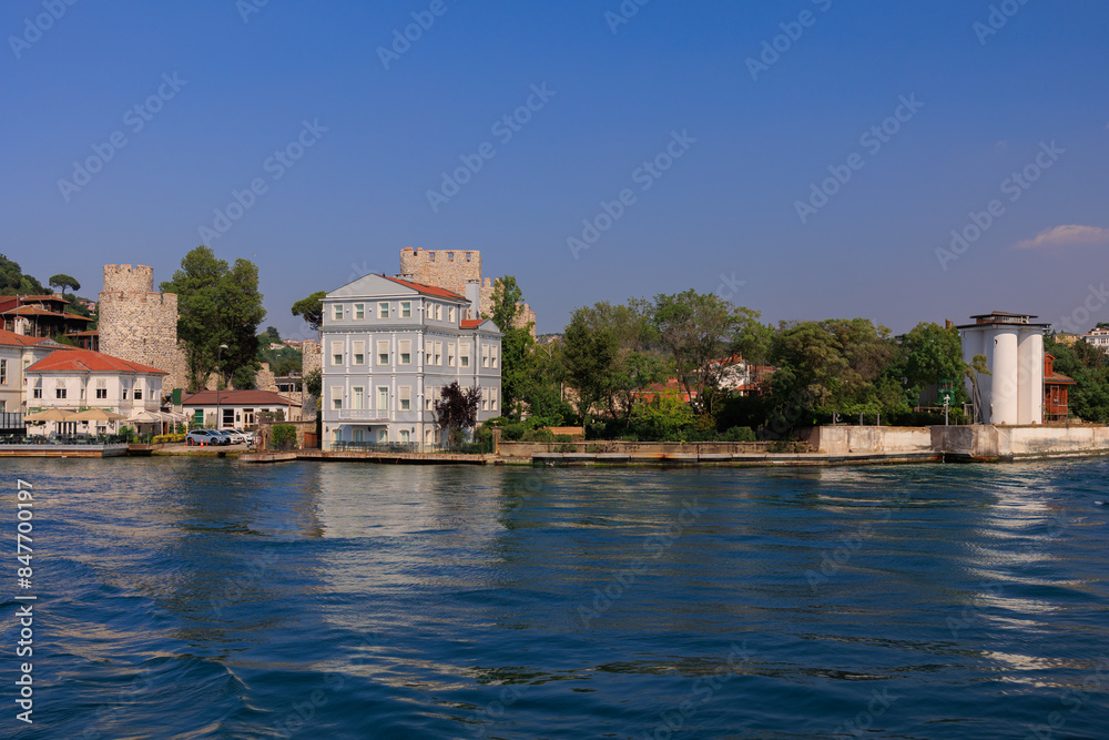 Blue seascape overlooking the coast. View of the Bosphorus in Istanbul city on sunny summer day, in a public place. Blue seascape overlooking the coast. View of the Bosphorus in Istanbul city on sunny summer day, in a public place.