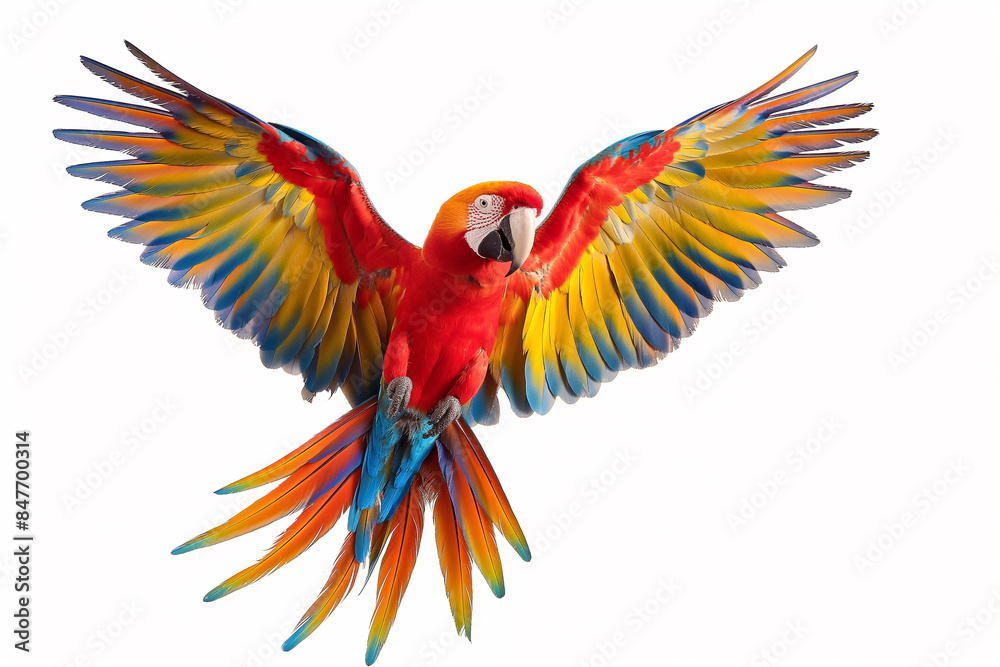 Obraz premium A colorful parrot with a black beak flies through the air