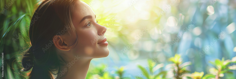 Young woman enjoying sunlight and breathing fresh air in a lush green garden, banner with copy space Young woman enjoying sunlight and breathing fresh air in a lush green garden, banner with copy space