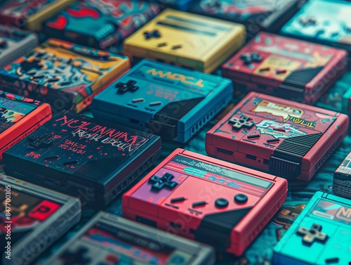 Retro game cartridges, vibrant colors, blue abstract background, nostalgic 80s style, detailed textures