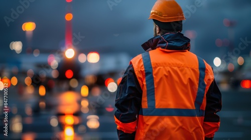 Airport worker wearing reflective gear and a helmet, standing at night with bokeh lights in the background. © tashechka