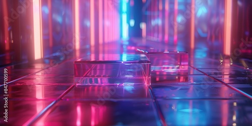 Vibrant neon lights reflect on a sleek, glossy floor in a futuristic, sci-fi inspired environment with glowing hues.